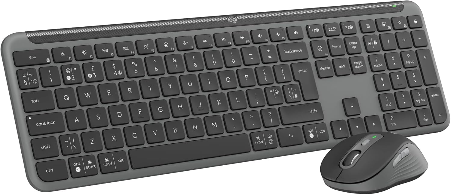 93755355-a1cd-472d-b2c7-c572f6694dde-2.jpg Combo clavier et souris sans fil Logitech MK950 - Multi-appareils, silencieux, design fin, Gris – Image 1